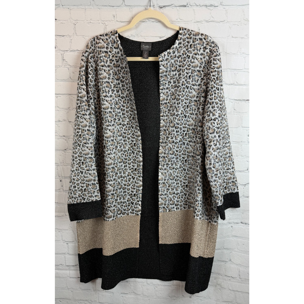 CHICO'S TRAVELERS white black beige smocked open front cardigan 2 (L) NWOT